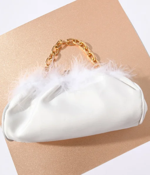 1920s White Satin & Fur Trim Clutch Handbag