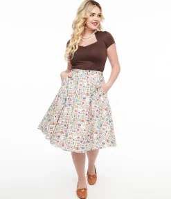 1950s White Sewing Print Cotton Swing Skirt