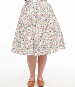 1950s White Sewing Print Cotton Swing Skirt