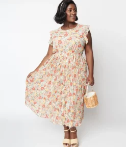 Sage Floral Pleated Midi Dress