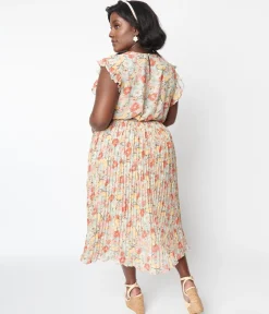 Sage Floral Pleated Midi Dress
