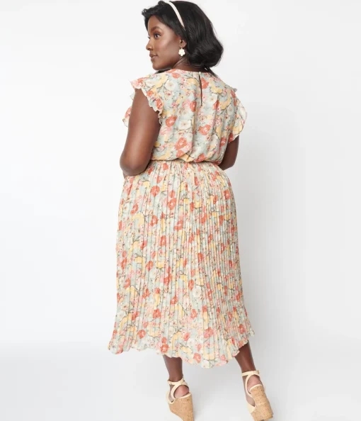 Sage Floral Pleated Midi Dress