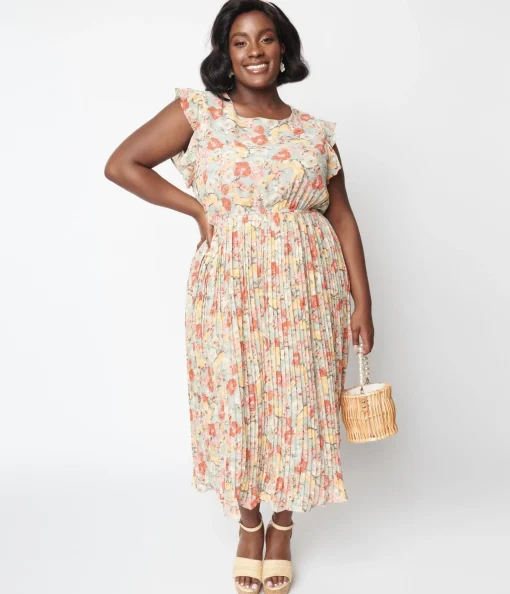 Sage Floral Pleated Midi Dress