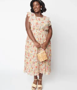Sage Floral Pleated Midi Dress