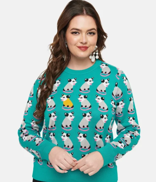 Sesame the Opossum Teal OPossum Print Knit Sweater