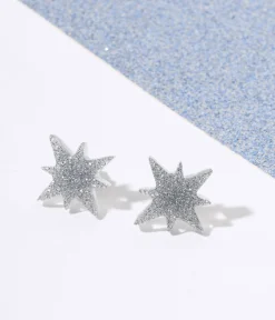 Silver Glitter Atomic Star Stud Earrings