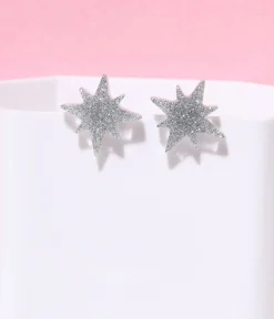 Silver Glitter Atomic Star Stud Earrings
