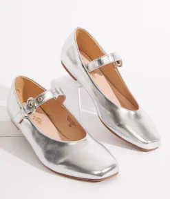Silver Leatherette Mary Jane Flats