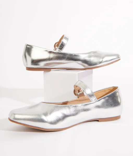 Silver Leatherette Mary Jane Flats