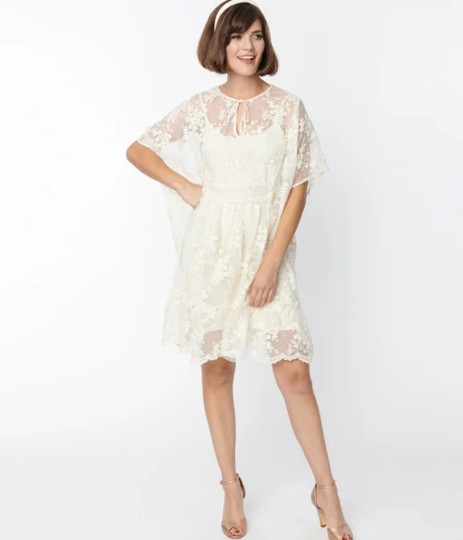 Smak Parlor 1970s Ivory Embroidered Lace Mini Caftan