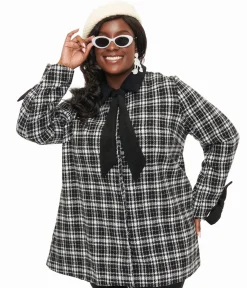 Smak Parlour Black & White Plaid Bows Topper Coat