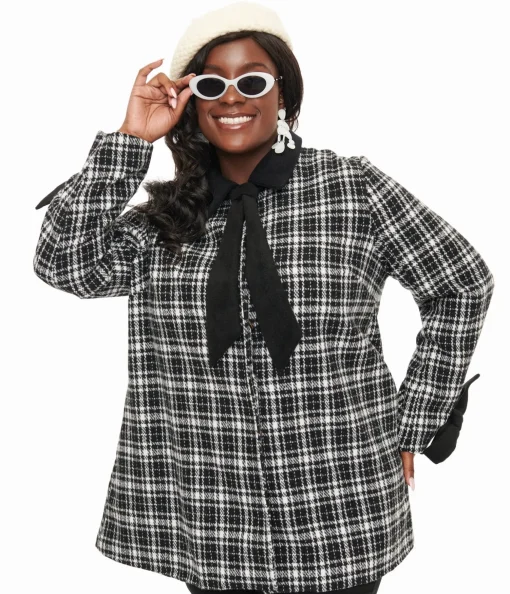 Smak Parlour Black & White Plaid Bows Topper Coat