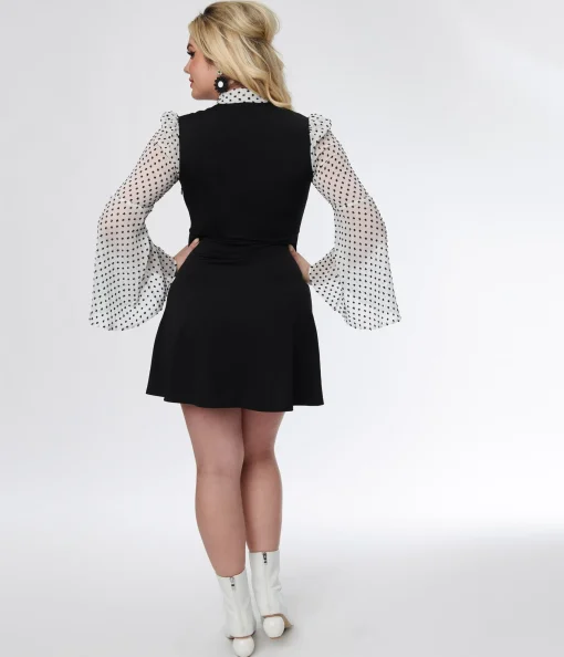 Smak Parlour Black & White Polka Dot Bell Sleeve Flare Dress