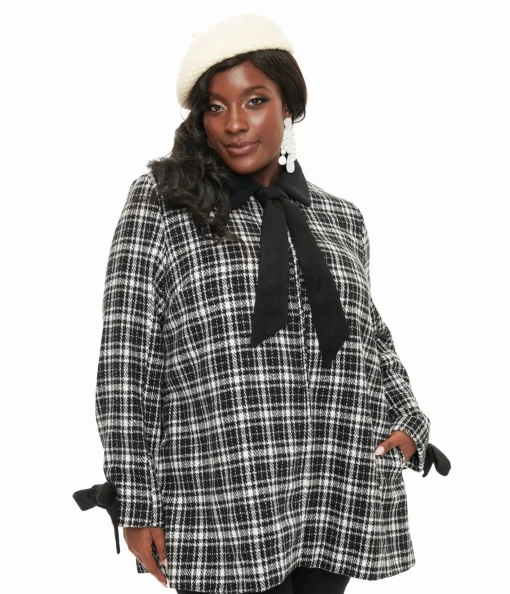 Smak Parlour Black & White Plaid Bows Topper Coat