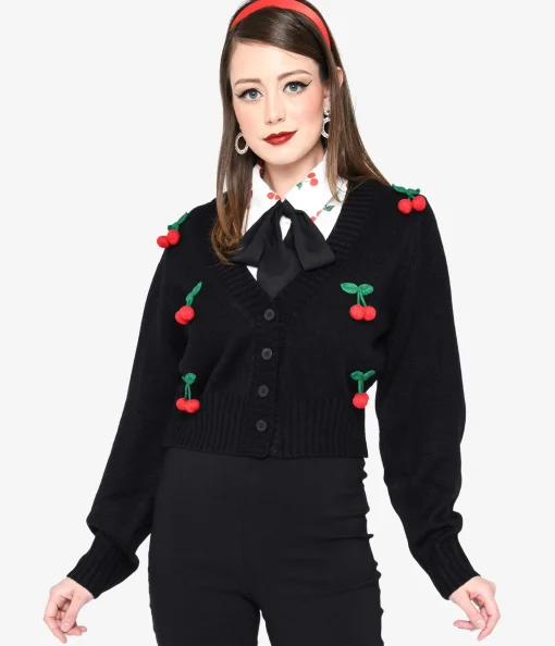 Smak Parlour Black Cherries Cropped Knit Cardigan