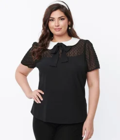 Smak Parlour Black Clipdot & White Collared Bow Blouse