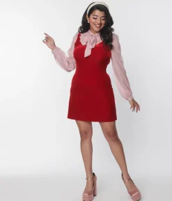 Smak Parlour Burgundy Velvet & Pink Bow Neck Shift Dress