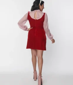 Smak Parlour Burgundy Velvet & Pink Bow Neck Shift Dress