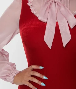 Smak Parlour Burgundy Velvet & Pink Bow Neck Shift Dress