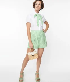 Smak Parlour Green & White Gingham Pleated Shorts