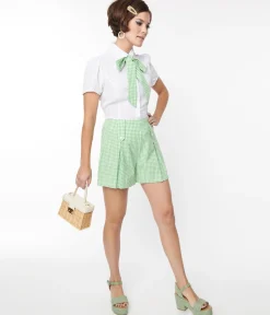 Smak Parlour Green & White Gingham Pleated Shorts