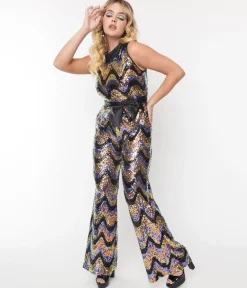 Smak Parlour Multicolor Zig Zag Sequin Cowl Neck Jumpsuit