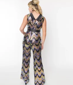 Smak Parlour Multicolor Zig Zag Sequin Cowl Neck Jumpsuit