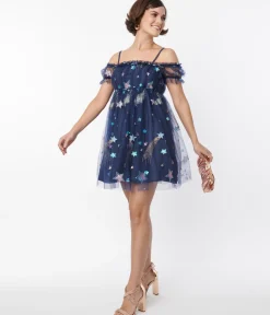 Smak Parlour Navy Glitter Off the Shoulder Babydoll Dress