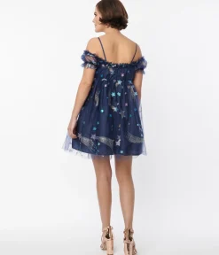 Smak Parlour Navy Glitter Off the Shoulder Babydoll Dress