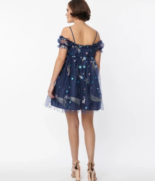 Smak Parlour Navy Glitter Off the Shoulder Babydoll Dress
