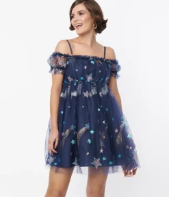 Smak Parlour Navy Glitter Off the Shoulder Babydoll Dress