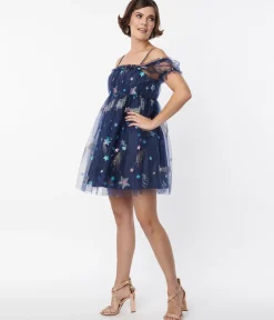 Smak Parlour Navy Glitter Off the Shoulder Babydoll Dress