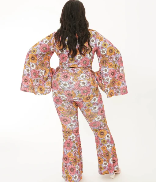 Smak Parlour Plus Lavender Retro Bloom Zipper Pocket Flare Pants