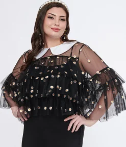 Smak Parlour Plus Size Black Daisy Mesh Ruffle Top