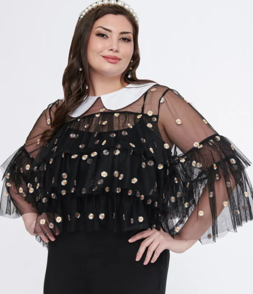 Smak Parlour Plus Size Black Daisy Mesh Ruffle Top