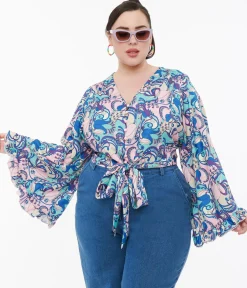 Smak Parlour Plus Size Blue & Purple Psychedelic Floral Belva Crop Blouse