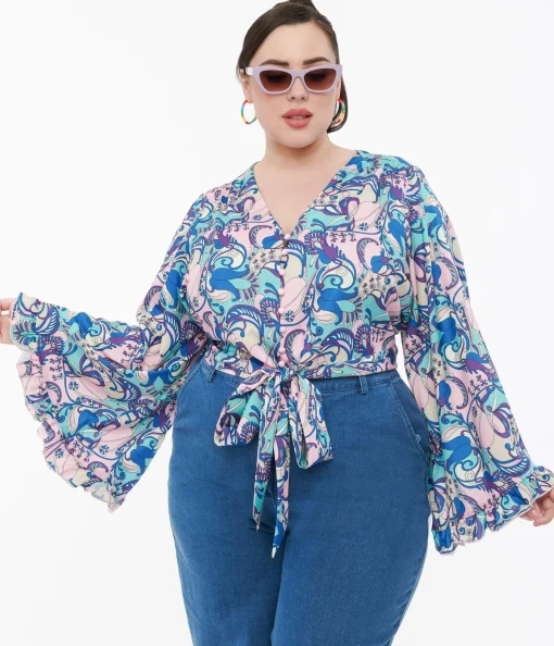 Smak Parlour Plus Size Blue & Purple Psychedelic Floral Belva Crop Blouse