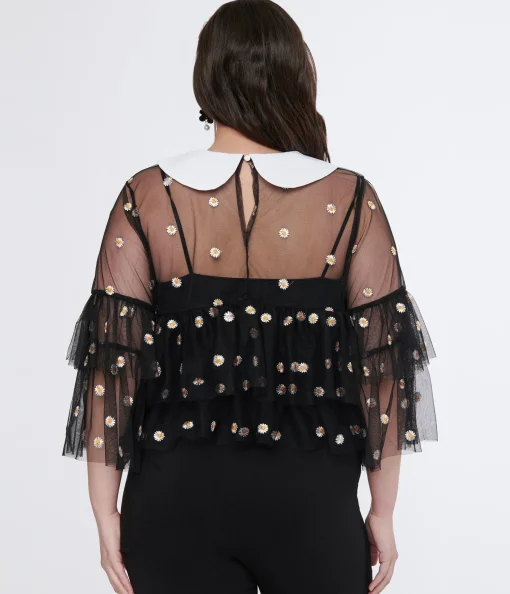 Smak Parlour Plus Size Black Daisy Mesh Ruffle Top