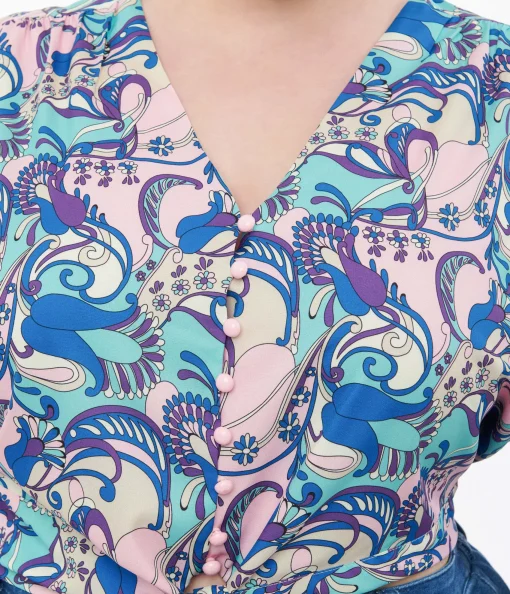 Smak Parlour Plus Size Blue & Purple Psychedelic Floral Belva Crop Blouse