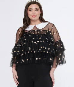 Smak Parlour Plus Size Black Daisy Mesh Ruffle Top