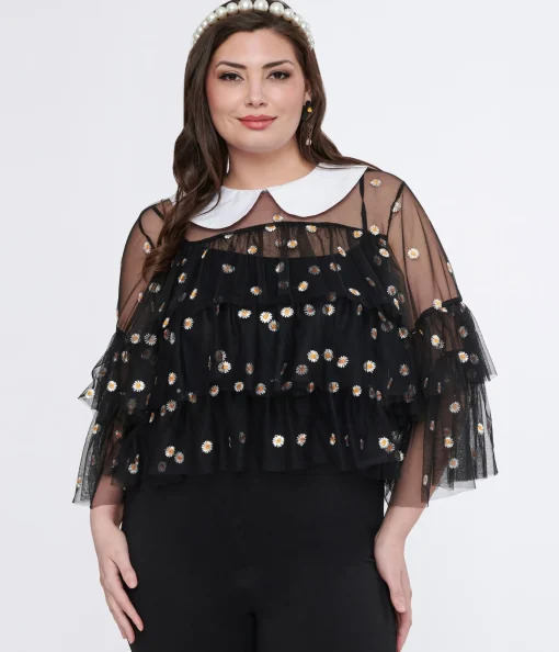 Smak Parlour Plus Size Black Daisy Mesh Ruffle Top