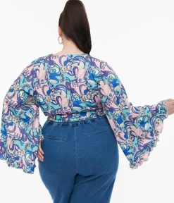 Smak Parlour Plus Size Blue & Purple Psychedelic Floral Belva Crop Blouse