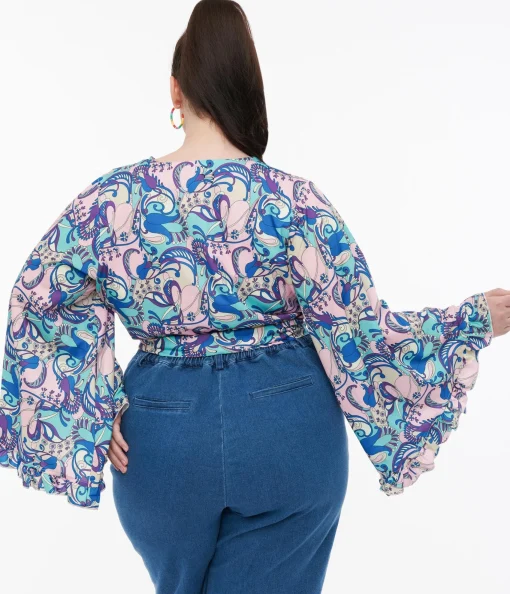 Smak Parlour Plus Size Blue & Purple Psychedelic Floral Belva Crop Blouse