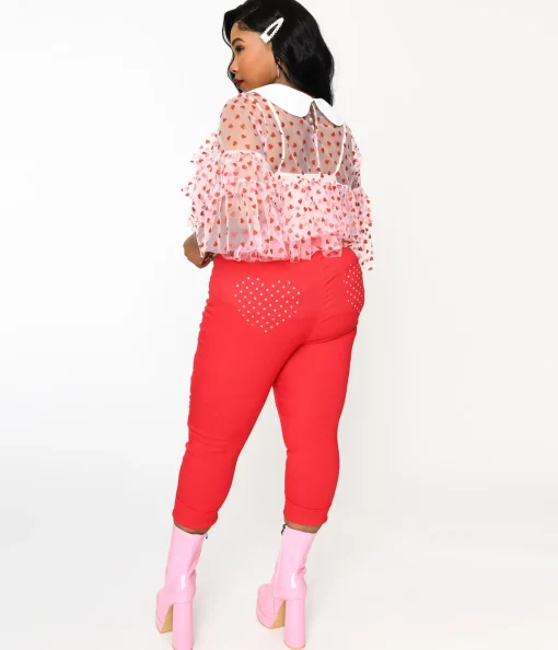 Smak Parlour Plus Size Red & Polka Dot Heart Pocket Smarty Pants Capri