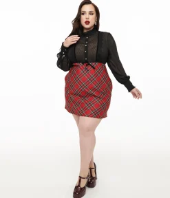 Smak Parlour Plus Size 1960s Red Plaid & Black Ruffle Neck A-Line Dress