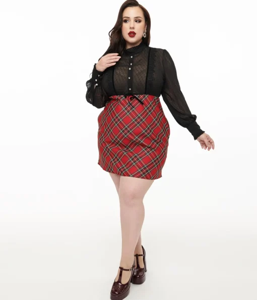 Smak Parlour Plus Size 1960s Red Plaid & Black Ruffle Neck A-Line Dress