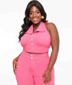 Smak Parlour Plus Size 1960s Hot Pink Halter Crop Top