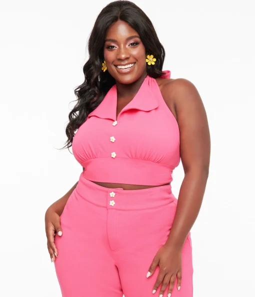 Smak Parlour Plus Size 1960s Hot Pink Halter Crop Top