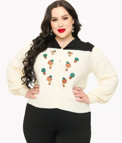 Smak Parlour Plus Size 1960s Ivory & Black Mushroom Embroidered Cardigan