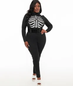 Smak Parlour Plus Size 1960s Black & White Skeleton Glow in the Dark Jumpsuit